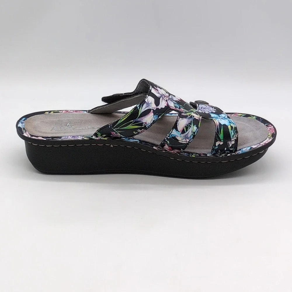 Alegria Shoes Womens Dinah Black Flora EUR 39 Leather Sandals Slide Wedge NEW
